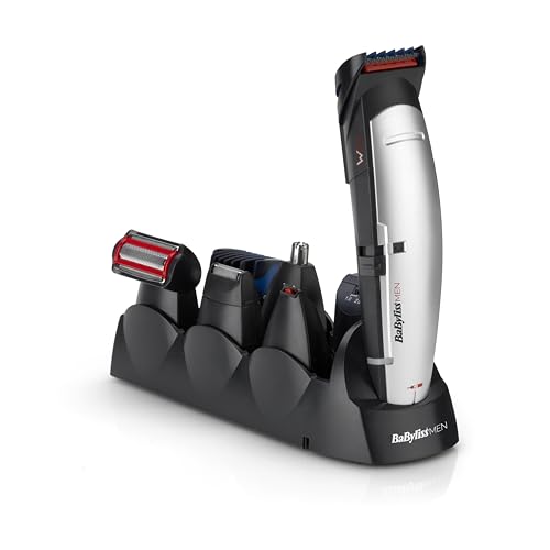 BaByliss Recortadora Multifunción 10 en 1, Kit de Aseo Masculino - Uso Versátil, Cuchillas W-Tech, Cortapelos, Recortadora de barba y Afeitadora para cuerpo, Naricero/Orejero, Gris/Negro, E837E