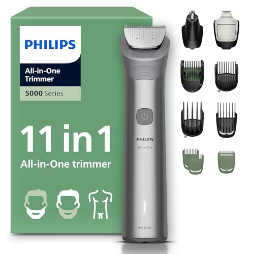 Philips Recortadora todo en uno de 11 en 1 Serie 5000 - Afeitadora y cortapelos hombre para rostro, cabeza y cuerpo, cuchillas de acero autoafilables, 17 longitudes, recargable, MG5951/15