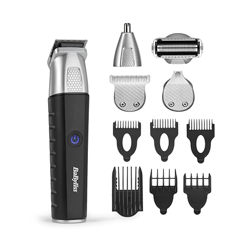 BaByliss Recortadora Multifunción Lithium Power 11 en 1 - Kit de Cuidado Masculino Inalámbrico, Afeitadora, Barbero, Naricero/orejero, Resistente al Agua, Regalo para hombres, Negro/Gris, MT812E