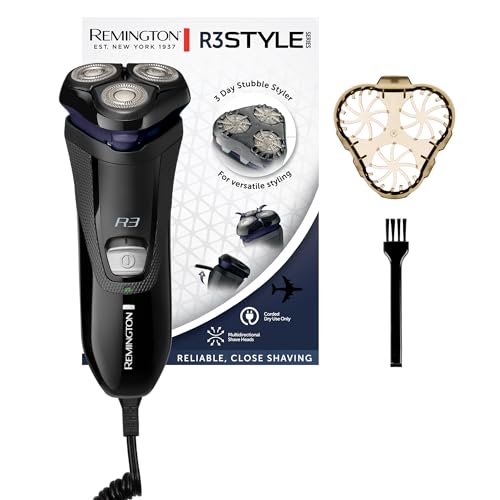 Remington Afeitadora Rotativa Style Series con Accesorio para Barba de Pocos Días - Máquina de Afeitar con Cable, Cabezal Pivotante, Cortapatillas, Indicador LED Encendido - R3002