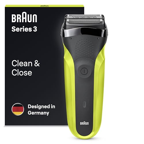 Braun Series 3 Afeitadora Eléctrica Hombre, Máquina de Afeitar Barba con 3 Cuchillas Flexibles, Recargable e Inalámbrica, 300S, Negro/Verde Eléctrico