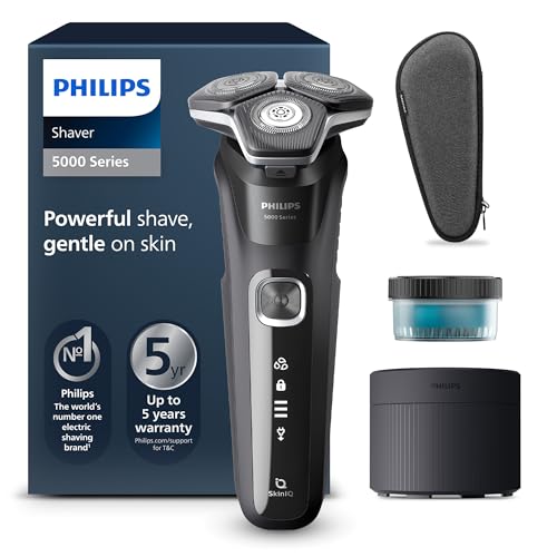 Philips Serie 5000 Afeitadora Eléctrica Hombre, Máquina de Afeitar Barba con Recortadora, 45 cuchillas, Cuida la piel, 60min de uso, En Seco y Húmedo, Recargable, Centro de Limpieza, S5898/50, Negro