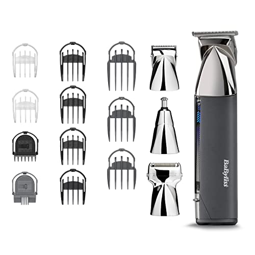 BaByliss Recortadora Multifunción Super-X Metal 15 en 1 – Kit Cuidado Masculino inalámbrico, Afeitadora, Barbero, Detalle nariz y orejas, Resistente al agua, Regalo para hombres, Plateado/Gris, MT996E