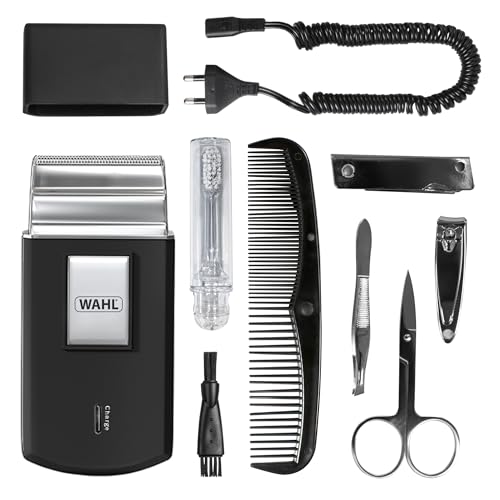 Wahl Travel Shaver Kit, Recargable, Lámina Flexible, Incluye Cepillo de Dientes, Lima de Uñas, Tijeras de Uñas, Pinzas, Peine, Sin Arañazos, Perfecto para Viajar, Pequeño, Estuche de Viaje, Plata