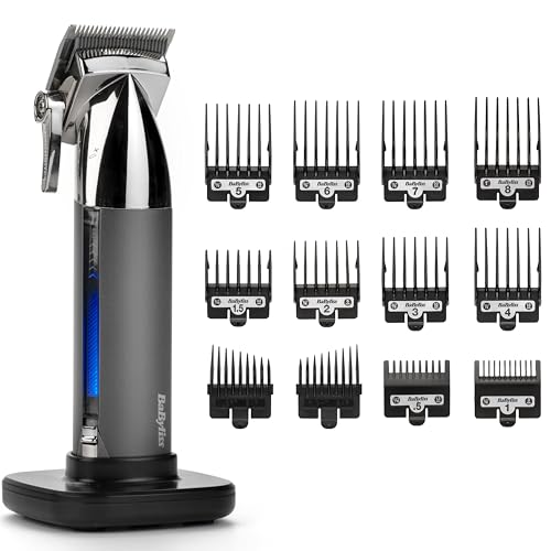 BaByliss Cortapelos Super-X Metal – Máquina de cortar el pelo inalámbrica, Cuchillas de acero japonés, 10 peines guía, 2 peines guía cónicos, Batería de litio, Empuñadura metálica, Negro, E996E