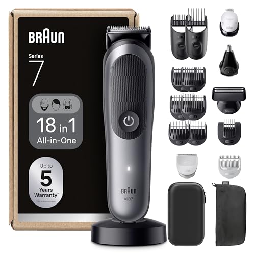 Braun Recortadora Todo En Uno Series 7 AIO7585, Kit De Styling 18en1 Para Barba, Pelo, Orejas, Nariz y Cuerpo, 120 Min De Autonomía, Cortapelos Hombre Con Lámina Ultra Afilada, Gris