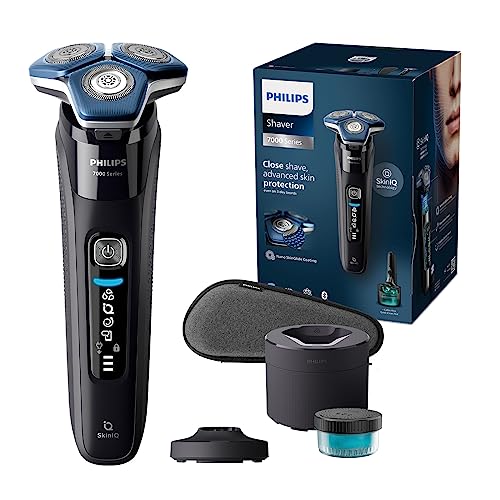 Philips Serie 7000 Afeitadora Eléctrica Hombre, Máquina de Afeitar Barba con Recortadora, 45 cuchillas, 60min de uso, En Seco y Húmedo, Recargable, Centro de Limpieza, Base Carga, S7886/55, Negro