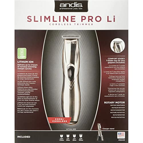 Andis - Recortadora en T D-8 Slim-Line Pro Li con cable o inalámbrica recargable, para hombres, mujeres y niños con hoja de acero al carbono, tecnología sin golpes, sin cortes, baja irritación y batería de litio de iones de litio, 300 g, plateada