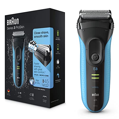 Braun Series 3 Afeitadora Eléctrica Hombre ProSkin, Máquina de Afeitar Barba con Recortadora Extraíble para Uso en Seco y en Mojado, Inalámbrica, Recargable, 3040 S, Azul